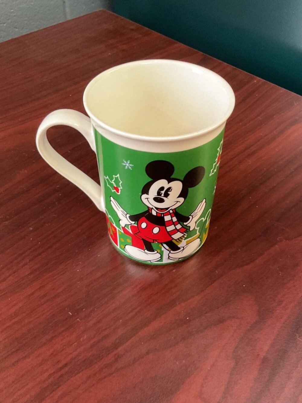 Vintage Disney Christmas Mug Mickey Mouse Green Holiday Ceramic Coffee Cup